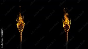 2 Burning Torches with Creepy Skulls - Infernal Gate in Flaming Loop - Alpha Channel - Realistic 3D animation isolated on transparent background for horror and Halloween