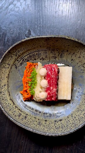 Raw Wagyu Beef Caterpillar Mushroom Nashi Pear Anchovy Cream | Bentley Restaurant & Bar