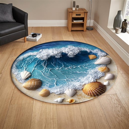 Sea Shells Round Rug: 3D Ocean Wave Patterned Carpet - Etsy