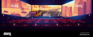 Movie theater, cinema hall with three-sided panoramic screen and rows of red seats. Vector cartoon interior of dark cinema auditorium, chair backs and 3d video with car on desert road on screen Stock Vector Image & Art - Alamy