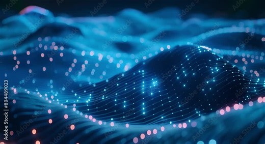 Exploring a D Digital Landscape with Connected Dots and Data Science Particles in Virtual Reality. Concept Virtual Reality, Data Science, 3D Landscape, Connected Dots, Particles