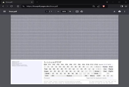 Wait...someone just ran Linux inside a PDF 🤯Yes — a literal .pdf fileNo VMNo installJust open → boot LinuxThis works using:• RISC-V emulator• TinyEMU• PDF JavaScript engine• asm.js compiled C codeSo the PDF isn’t just a document…it’s literally running an OS.You can:• boot Linux• type commands• interact with terminal• use virtual keyboard• run inside browser PDF viewerEven crazier — this uses JavaScript inside PDF specwhich most people don’t even know exists.The entire flow:PDF → JS engine → asm