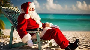 A whimsical scene of Santa relaxing on a beach chair, showcasing a playful contrast between holiday tradition and summer leisure