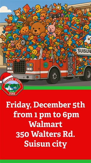 Let’s fill the fire engine to the brim! Join us Friday, December 5th at Walmart as we collect toys for local kids. Every toy helps — big or small! Swing by, say hello, and help us make this engine overflow with kindness. ❤️✨ 📍 Walmart, 350 Walters Road ⏰ 1–6 PM Suisun City… let’s make some holiday magic! 🎄 | Suisun City Fire Department