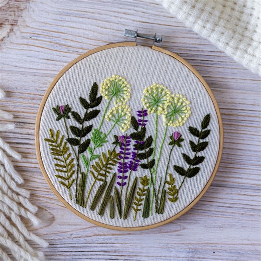 Yellow dandelion embroidery pattern, garden plant design, flower meadow tapestry, home decor, embroidered gift, DIY Craft Kit