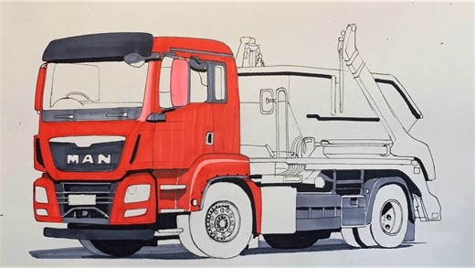 画一辆曼恩牌垃圾运输车
