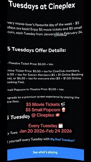 $5 MOVIE TICKETS 😲 & $5 SMALL POPCORN AT CINEPLEX 🎬🇨🇦 EVERY TUESDAY FOR THE NEXT MONTH