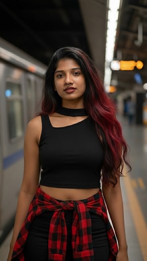 Rajisankar on Instagram: "Comment “prompt “for all pictures _Chandra🌜_Lokah infected🩸 No-1 Transform the picture as she's wearing a simple but elegant white dress with thin straps, fitted neatly to her frame. Her long dark brown hair flows freely, with soft waves and a streak of deep red running through it, adding a bold and stylish touch. On her face her makeup is subtle yet powerful skin looks smooth and glowing, with a natural finish. Her eyes are highlighted with dark eyeline