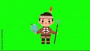 Native American boy Cartoon Illustration on Green Screen: A whimsical cartoon illustration of a Native American girl, wearing a traditional headdress and clothing, a green screen backdrop