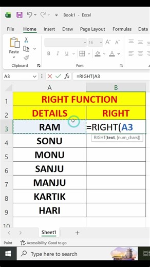 RIGHT function in excel #shortvideo #shorts #trending #viral #video #exceltutorial #exceltips #yt