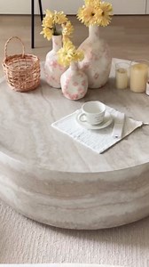 35.43" Round Coffee Table, Mars Marble Patern Coffee Table for Living Room, Minimalist Modern Drum Fiberglass Large Side Tables Accent End Table for for Home Office, ø35.43" * 11.81"H (Mars-Round)