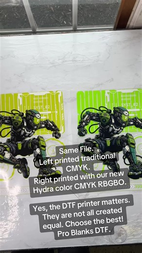 File. Left printed traditional CMYK. Right printed with our new Hydra color CMYK RBGBO. Yes, the DTF printer matters. They are not all created equal. Choose the best! Pro Blanks DTF. #dtfprinting #graphicdesign #pantone #customapparel