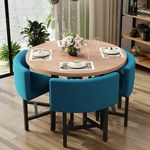 1000mm Round Wooden 4 Person Dining Table with Blue Upholstered Chairs Set for Nook Balc｜Homary  UK
