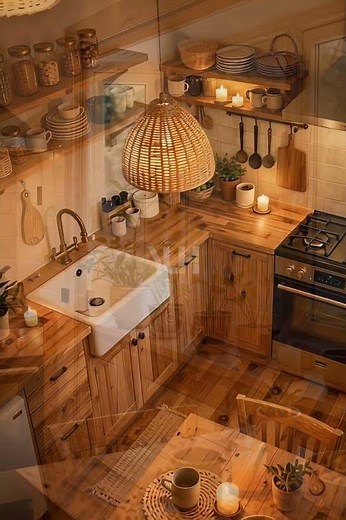 Cozy Rustic Kitchen with Warm Lights and Wooden Style