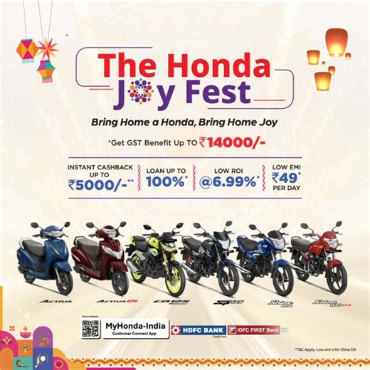 94K reactions · 836 shares | Don’t miss out on the Honda Joy Fest this festive season! Get GST benefits up to Rs.14000. Special finance offers available too. Take home your brand new Honda two-wheeler today! #Honda #Honda2Wheelers #ThePowerOfDreams #TheHondaJoyFest | Honda 2 Wheelers India | Facebook