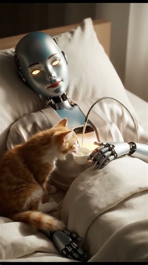 AI GIRL feeds a kitten with a milk dispenser