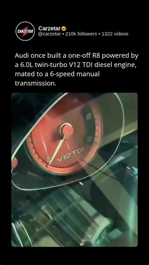 CARZETAR on Instagram: "The Audi R8 V12 TDI Concept was a unique project introduced at the 2008 Detroit Motor Show. It featured a 6.0-liter twin-turbocharged V12 diesel engine that produced 500 horsepower and 1,000 Nm of torque. This powerplant was paired with a 6-speed manual transmission and Audi's quattro all-wheel-drive system. While it could reach 100 km/h in 4.2 seconds and had a top speed of over 300 km/h, the car never entered production. Audi eventually canceled the project because the 