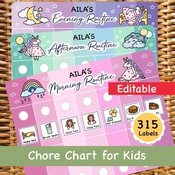 Editable Routine Flip Chart for Girls, Daily Visual Chore Chart with Unicorns