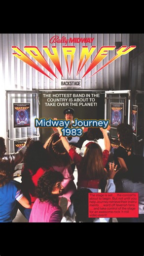Journey Bally Midway, 1983 Released in 1983, Journey capitalized on the massive early-1980s success of the rock band Journey. Bally Midway developed the game to coincide with the band’s U.S. tour, blending arcade gameplay with pop-culture stardom in a way few games had attempted before. The game famously used digitized black-and-white photographs of the band members’ actual faces—Steve Perry, Neal Schon, Steve Smith, Jonathan Cain, and Ross Valory—mapped onto animated cartoon bodies. This early 