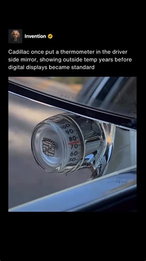 Invention on Instagram: "In the late 1970s and early 1980s, Cadillac offered an analog outside temperature gauge built directly into the driver side mirror. Models such as the Seville, DeVille, and Fleetwood used a small bimetal thermometer visible through the mirror glass, giving drivers real time ambient temperature without relying on electronics. This appeared years before digital outside temperature readouts became common in dashboards. Around the same period, Lincoln adopted a similar mirro