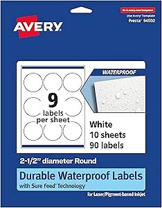 Avery Durable Waterproof Round Labels, Sure Feed Technology, 2.5" Diameter, 90 Total, Oil and Tear-Resistant Waterproof Labels, Print-to-The-Edge, Laser/Pigment-Based Inkjet Printable