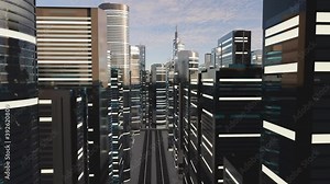 3d render of abstract bright city with skyscrapers. Simple forms of buildings in daylight. Forward camera movement.top of the abstract 3D city of white. cityscape 3d rendering night time.