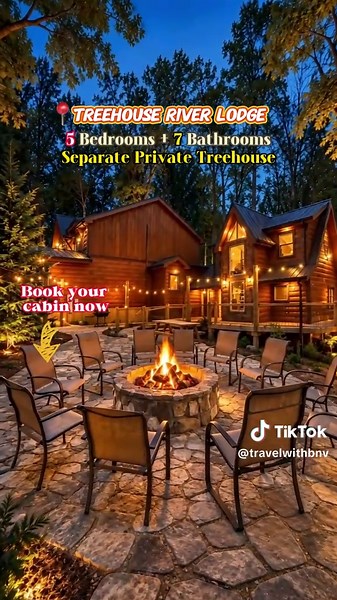 A one-of-a-kind treehouse retreat in Pigeon Forge — Treehouse River Lodge! Private indoor pool with lazy river, swim-in grotto, and adult spa area, heated year-round. Main lodge   separate treehouse suite, ##Travel##Hotel##Vacation##TreehouseRiverLodge##SeviervilleTennessee