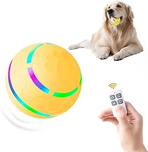 Interactive Dog Toy Ball with Remote control, LED Lights, Made of Natural Rubber, Wicked Ball, Jumping Activation Ball, Automatic Rolling Ball Toys for Medium/Large Dog (Yellow)