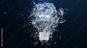 Explosion of an incandescent lamp or ligh bulb. Small pieces of glass fly apart in different directions. The effect of slowing down the time after the explosion. Problem solving concept.