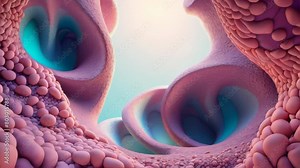 Pink and blue alien landscape with smooth and bumpy textures. AI.