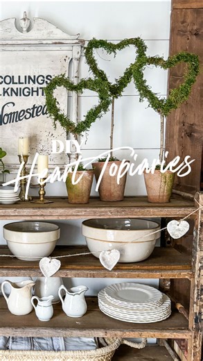Kassie / Georgia Girl on Instagram: "I shared these last year and y’all loved them, so I’m bringing them back! These moss heart topiaries are adorable, neutral, and incredibly easy to DIY. What you’ll need: 🤍 Sticks (cut to varying lengths) 💚 Flower pots or decorative containers 🤍 Grapevine heart wreaths 💚 Moss 🤍 Mod Podge 💚 Hot glue gun Start by cutting the sticks to staggered heights and hot-gluing the grapevine hearts to the top. Brush on a generous layer of Mod Podge, then press the mo