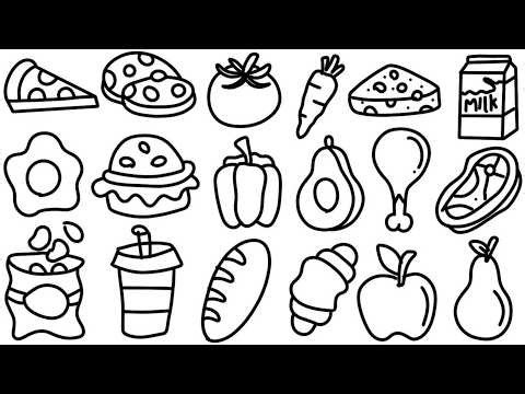 How to draw a food items | Easy food drawing cake, lolipop, fruits, vegetables,junk food doddle