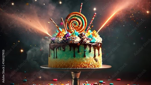 Fairy magic birthday cake on a stand decorated with a sweets, sparklers in the lights on a dark backgrounds.