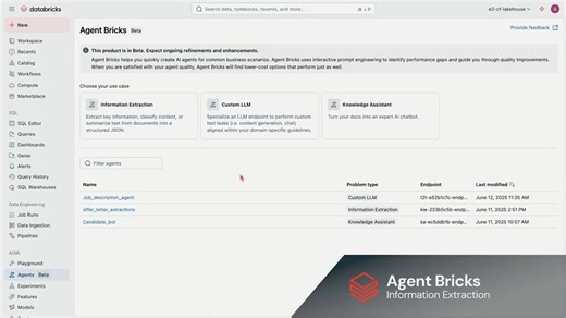 What if you could build high-quality AI agents by simply describing the task and connecting your enterprise data? 🧱 Agent Bricks makes it easy to build domain-specific production AI agents, optimized for common industry use cases. In this demo, see how you can quickly build an information extraction agent: https://www.youtube.com/watch?v=BZ9SYMVXnnM | Databricks