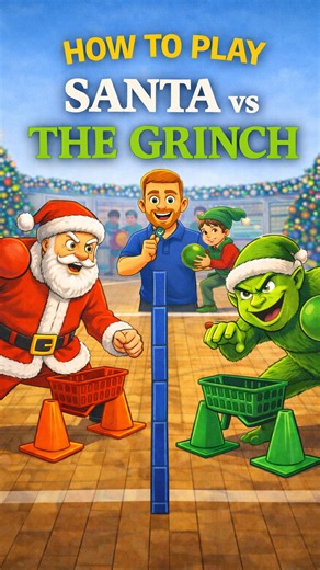 Tyler Ashmead | PE & Coaching on Instagram: "A Game a Day Until Christmas — Santa vs The Grinch 🎄🎅 Two teams. A wall down the middle. Six sleighs to protect. Throw dodgeballs over the wall and knock over the other team’s sleighs, but remember… only one guard per sleigh and no rebuilding once it’s down. Fast throws. Quick reactions. Festive chaos from start to finish ⚡️🎄 Perfect for PE lessons when you want festive competition, simple rules and maximum engagement ✨ #peteacher #pegames #teachin