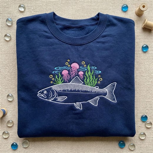 Salmon Fish and Jellyfish Embroidered Hoodie, River to Ocean Marine Sweatshirt, Underwater Ecosystem Apparel, Nautical Wildlife Gift - Etsy