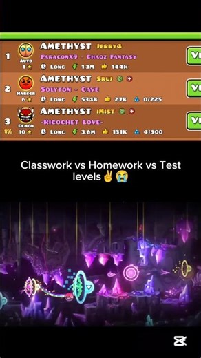 Classwork vs Homework vs Test Amethyst levels✌️😭 #gd #geometrydash #gdmeme #gdmemes