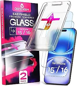 Defenslim Screen Protector for iPhone 15/16 (2Pack), Easy Auto-Align Install Kit, 6.1" Tempered Glass, 9H Hardness, Ultra HD Clear, Case Friendly, EasyShield