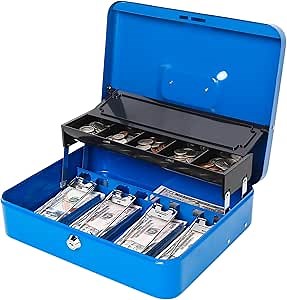Jssmst Locking Metal Cash Box with Coin Lid, 11.8L x 9.5W x 3.5H Inches, Safe Money Box with Key Lock, Blue, SM-CB0513BL