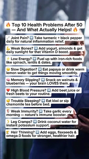 25K views · 145 reactions |  Top 10 Health Problems After 50 — FIXED Naturally! Your body talks… here’s how to listen AND fix the real problems  ✨ Stay strong. Stay healthy. Your 50s and beyond can be your BEST years! #HealthAfter50 #HealthyLifestyle #NaturalRemedies #WellnessJourney #Over50AndFit #HolisticHealth #AgeWithStrength #NutritionMatters #FeelBetterLiveBetter #HealthTipsForAll | Mindblast DAILY | Facebook