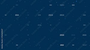 Template animation of evenly spaced 2024 year symbols of different sizes and opacity. Animation of transparency and size. Seamless looped 4k animation on dark blue background with stars