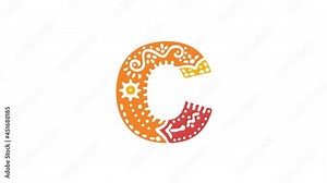 Letter C. Ethnic ornament, national pattern in letter. 3 colors. 4K video. Isolated on white background. Cartoon Animation. Capital Letter C for education, erudition, ABC, software, interface game.