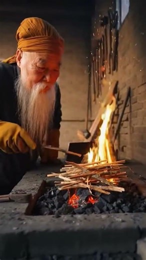 100-Year-Old Blacksmith Lighting the Fire in His Ancient Forge