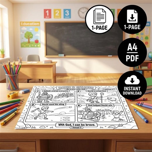 David & Goliath Coloring Page Printable | Sunday School Activity | Bible Story Worksheet for Kids | Christian Homeschool Lesson | 1 Samuel 1 - Etsy