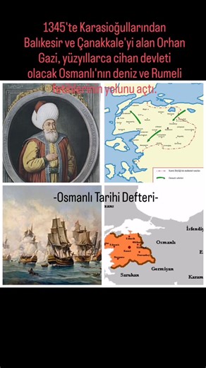 Osmanlı Tarihi on Instagram: "-Osmanlı Tarihi Defteri- Orhan Gazi Bursa ve İznik'i fethettikten sonra 1337'de İzmit'i fethederek Sakarya-Kocaeli Bölgesi'nde hakimiyet kurdu. 1341'de III. Andronikos'un ölümü sonrası Bizans'ta bulunan taht kavgasında Kantakuzenos'a destek verdi. 1345'te Balıkesir ve Çanakkale'yi Karesioğulları'ndan alarak topraklarına kattı. Osmanlı hakimiyetine giren ilk Türk beyliği Karesioğulları'nın denizcilik tecrübesinden Evrenos Gazi, Gazi Fazıl, Ece Bey gibi tecrübeli komu