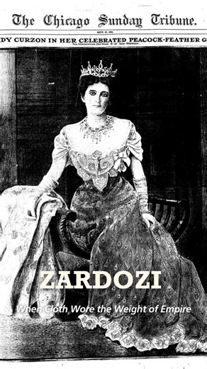 India Storied on Instagram: "In the ateliers of Mughal India, embroidery turned metallic. Zardozi, from the Persian zar (gold) and dozi (work), used gold and silver threads, flattened wire, pearls, and sequins to build relief so dense it caught lamplight like armour. Though the technique has older Persian roots, Mughal courts refined it into a language of power, adorning imperial robes, canopies, and horse trappings where rank was read at a glance. Practiced in centres like Delhi, Lucknow, Agra,
