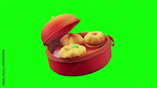 3D Dim Sum Illustration animated on green screen background