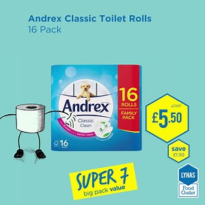 1.4K views | Hold on - what?! A 16 Pack of Andrex Classic Toilet Rolls 炙 for only £5.50! Oh yes - that’s how our Super 7 roll with it | Lynas Food Outlet | Facebook