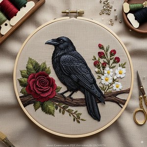 Raven and Roses Embroidery Pattern: Modern Floral Design (PDF Download, DMC Codes Included - Etsy