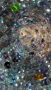 Take a look inside “Loop: Ad Infinitum” by Leticia Bajuyo, ArtPrize 2025’s Pitch Night Oklahoma Grant Recipient! 💿 Made from donated CDs and DVDs woven together, “Loop: Ad Infinitum” combines suspension and sound. When viewers approach the black pedestal beneath the installation and move their hands above it, hidden sensors activate sounds that resonate through the structure. “The work was inspired in part by the classic Bugs Bunny cartoon where Yosemite Sam tries to trap Bugs with a carrot tie